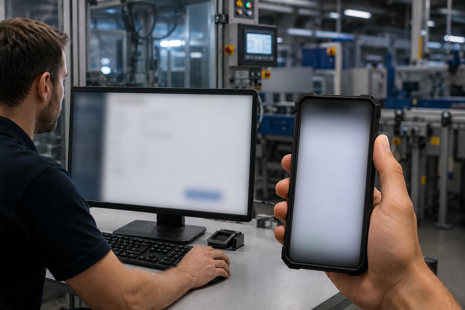 Employee at a workstation with a handheld scanner on the shop floor