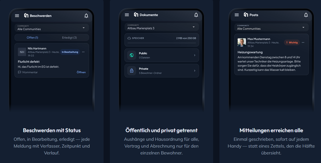 verwalt.app running on three phones