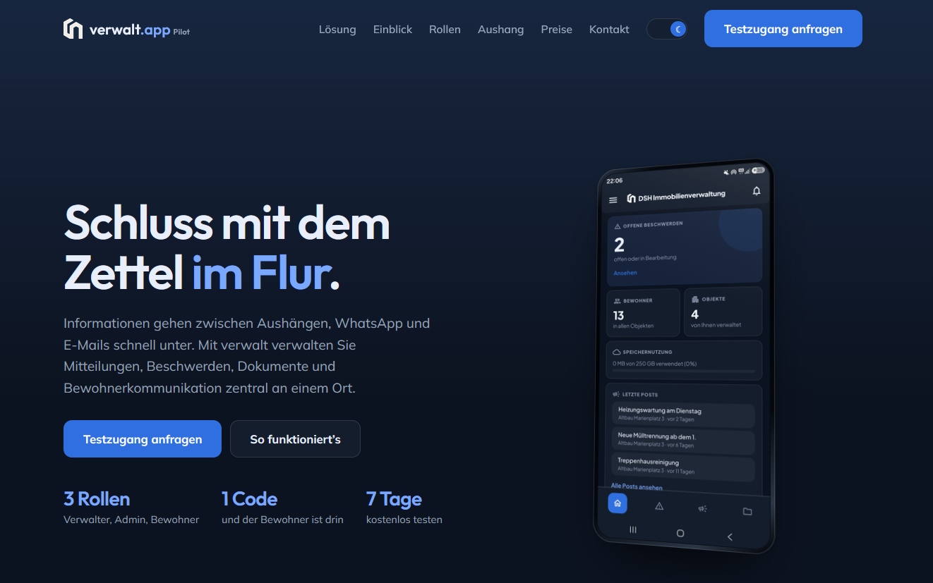 verwalt.app marketing website landing page